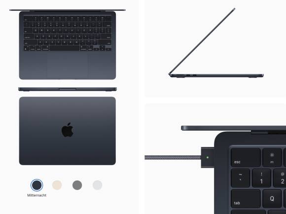 Das Foto zeigt das MacBook Air aus verschiedenen Ansichten sowie die MagSafe-Verbindung