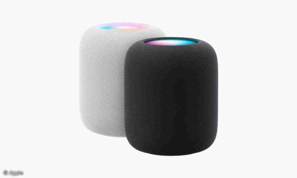 Zwei Apple Homepods, einmal in Weiß, einmal in Schwarz 