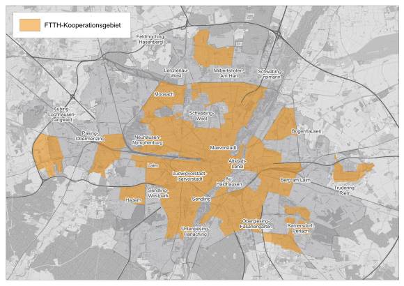 Die geplanten Ausbaugebiete für Glasfaser in München: Rund 550.000 zusätzliche FTTH-Anschlüsse sollen entstehen