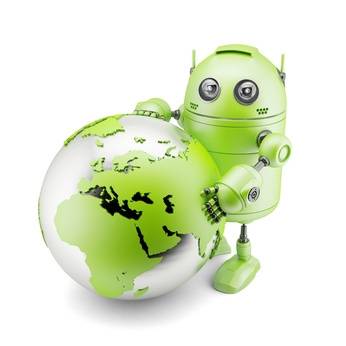 Android-Roboter mit Weltkugel Android-Roboter mit Weltkugel