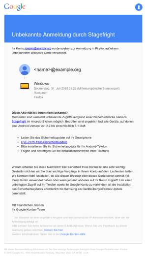 Stagefright-Warnung: So sieht die gefälschte Google-Mail aus.