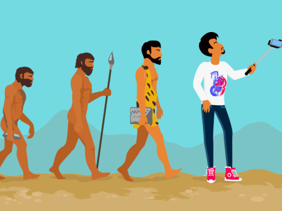 Evolution von Affe zu Mann mit Selfiestick